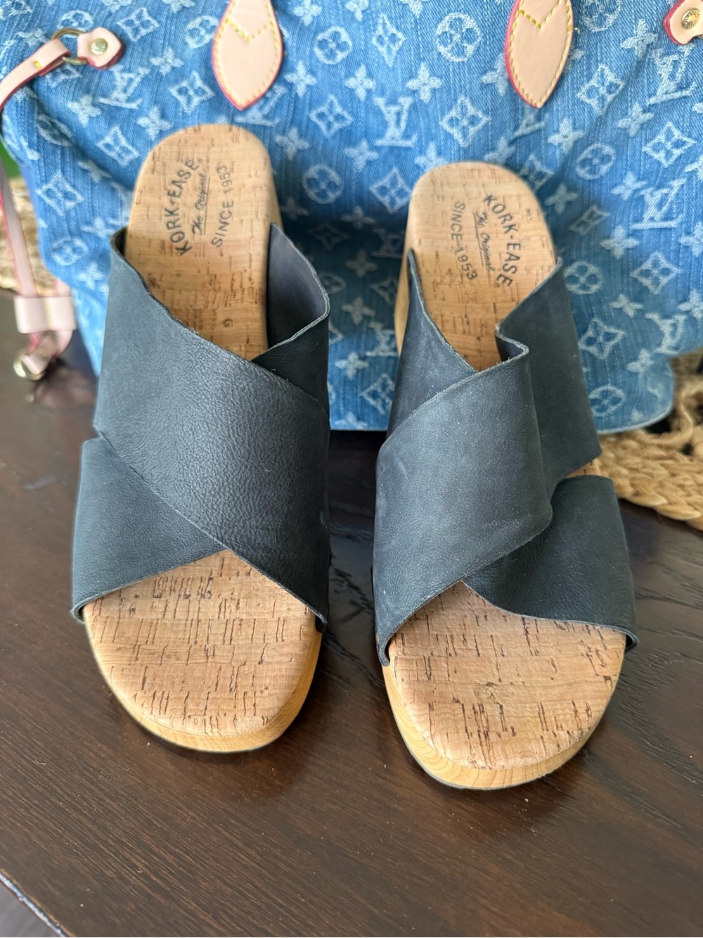 Kork Ease Black Cork-Wedge Slide Sandals NWT